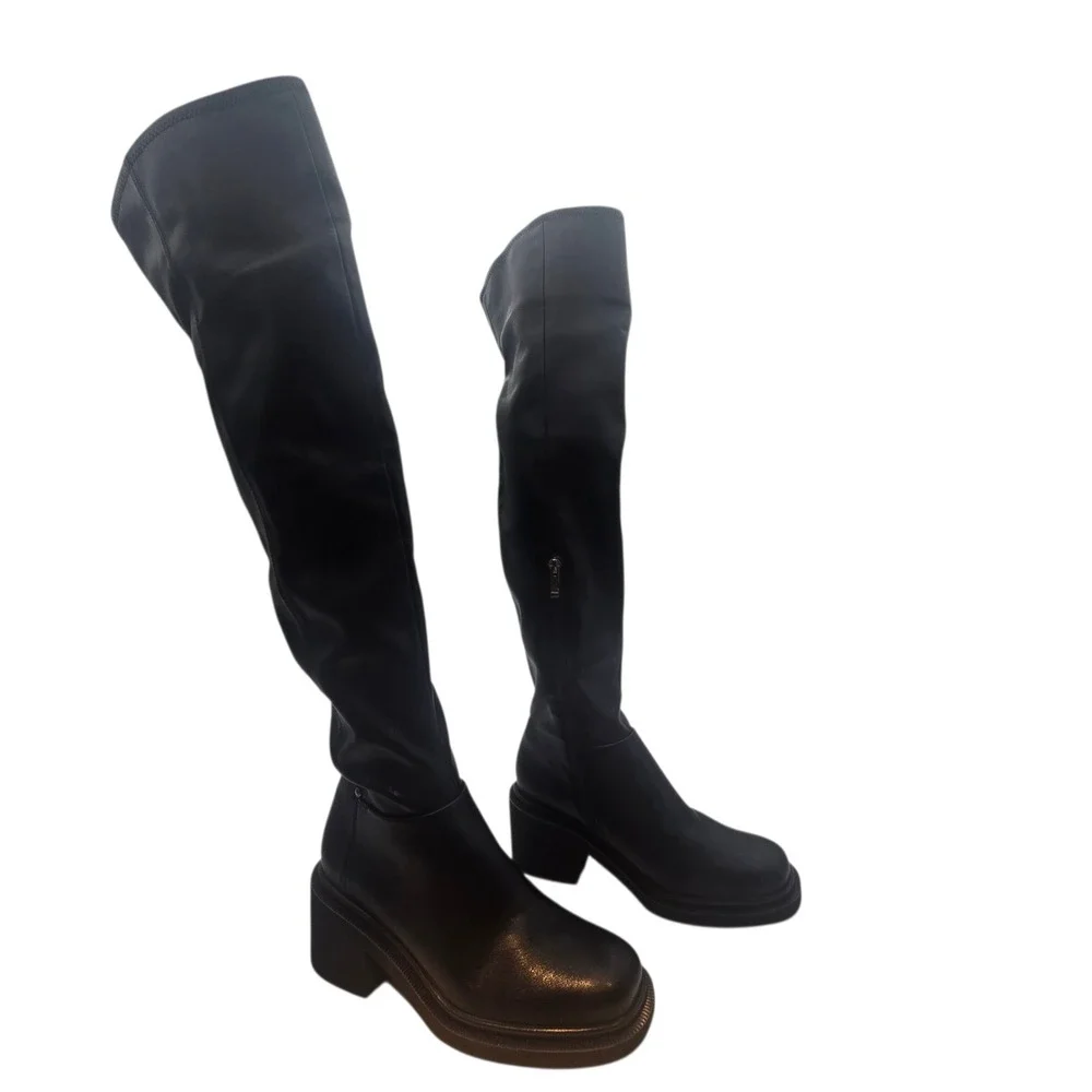 NWT Franco Sarto Kelly‎ OTK Boot 6 Black Stretch Block Heel Rocker Street Edge